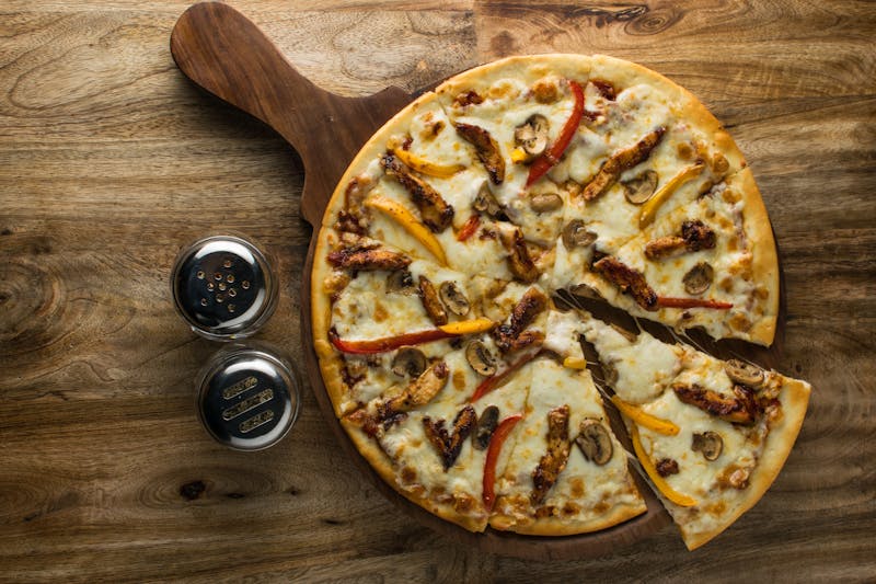 BBQ chicken pizza with smoky sauce and toppings